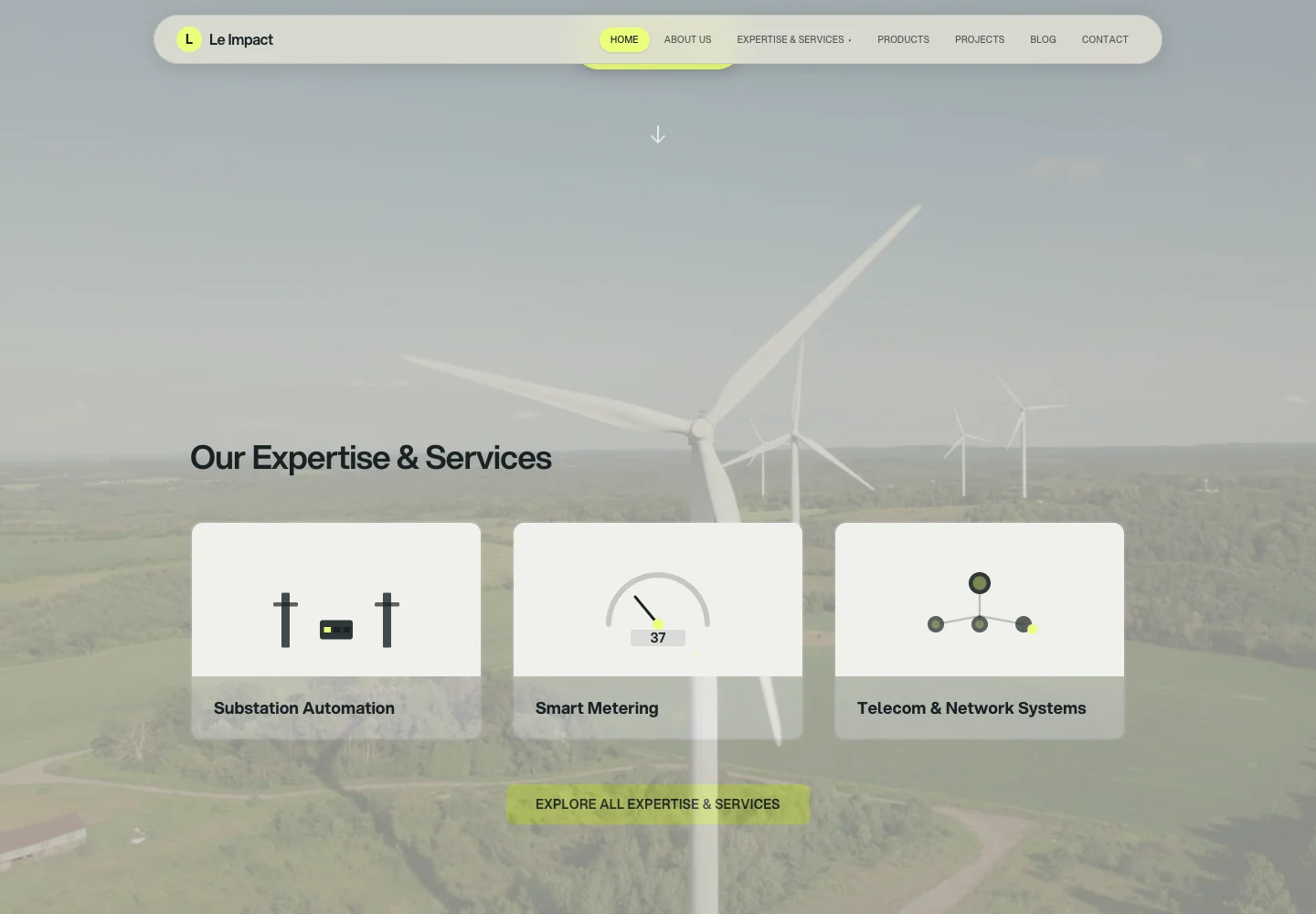 Le Impact expertise section showing substation automation, smart metering and telecom services