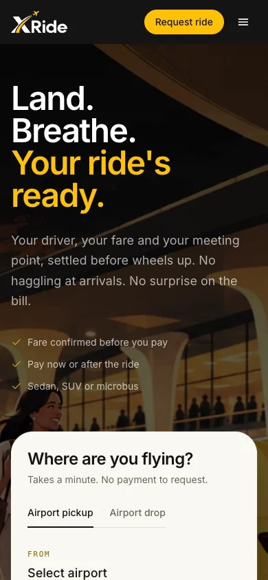 XRide public website on a mobile screen