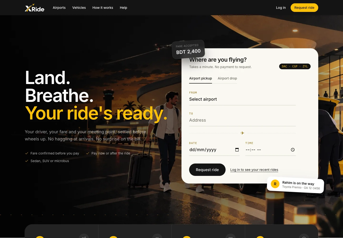 XRide live airport-transfer website on desktop